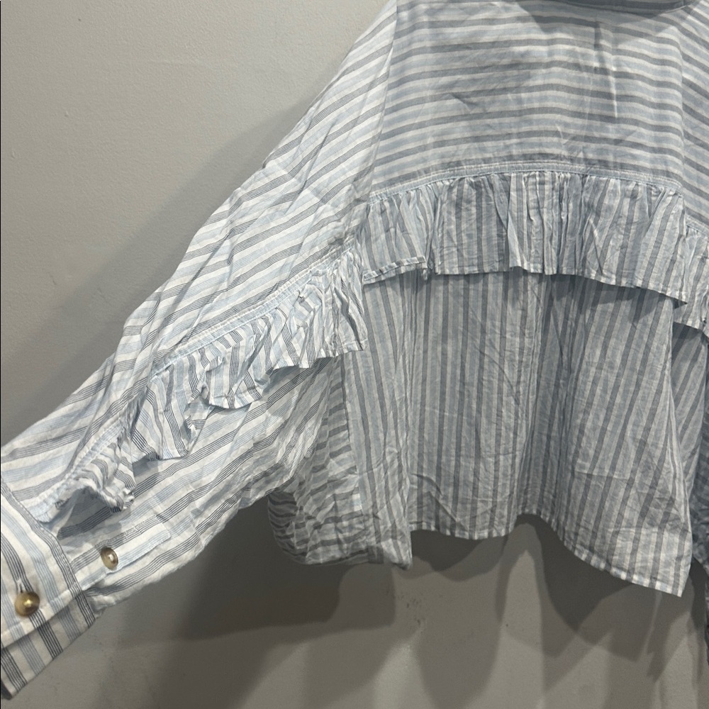 Anthropologie Pilcro batwing cropped stripe Button down blue white  XL ruffle - Picture 9 of 12